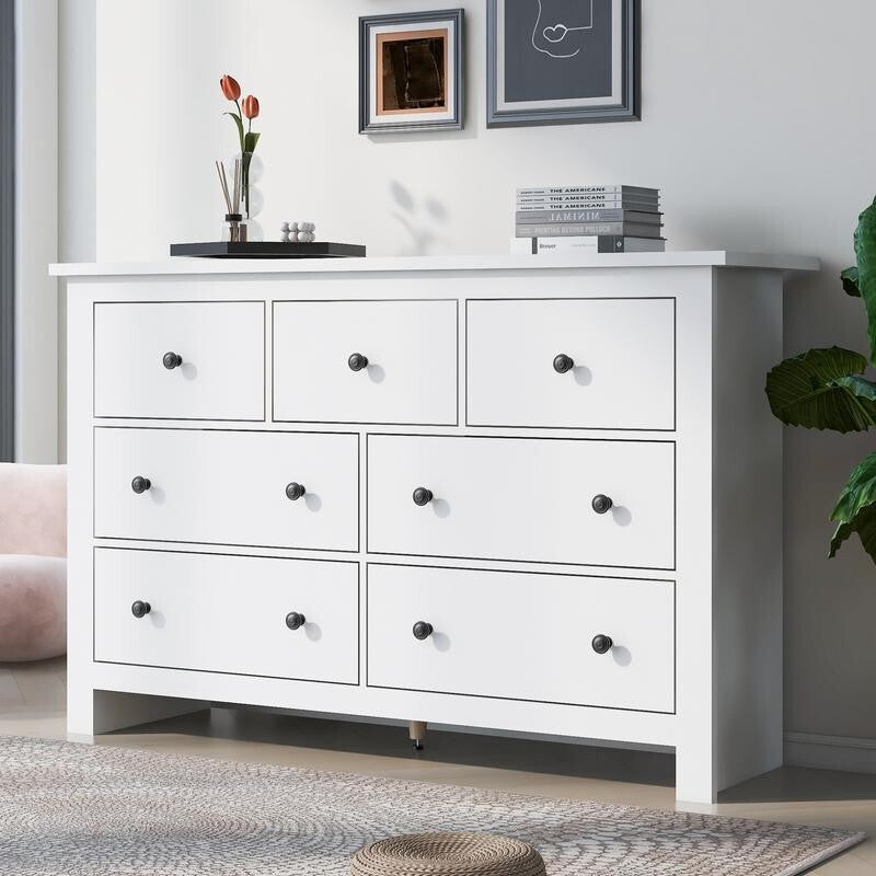White Chest of Drawers 7 Drawer Storage Cabinet Sideboard for Living Room