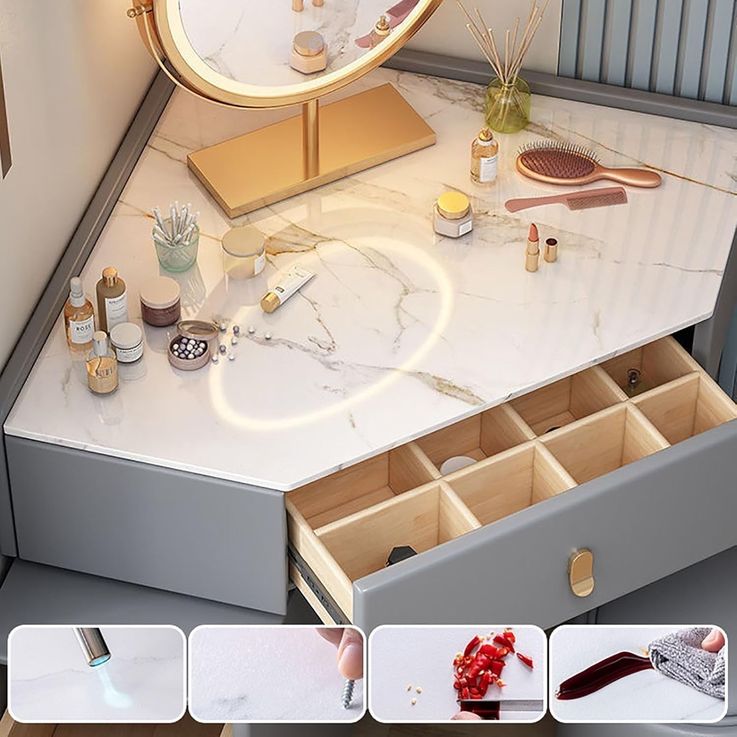Makeup Vanity Set Wood | Hollywood LED Mirror | Dresser Desk Table 5 Drawers Lig