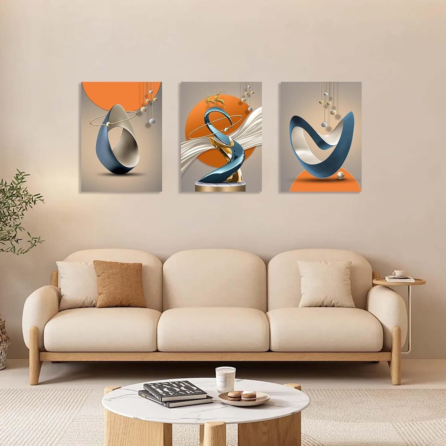 3-Piece Abstract Canvas Wall Art Blue Gold Orange Modern Decor