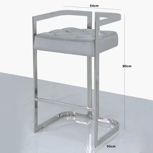 Grey Velvet Bar Stool with Backrest Chrome Stainless Steel Frame Modern