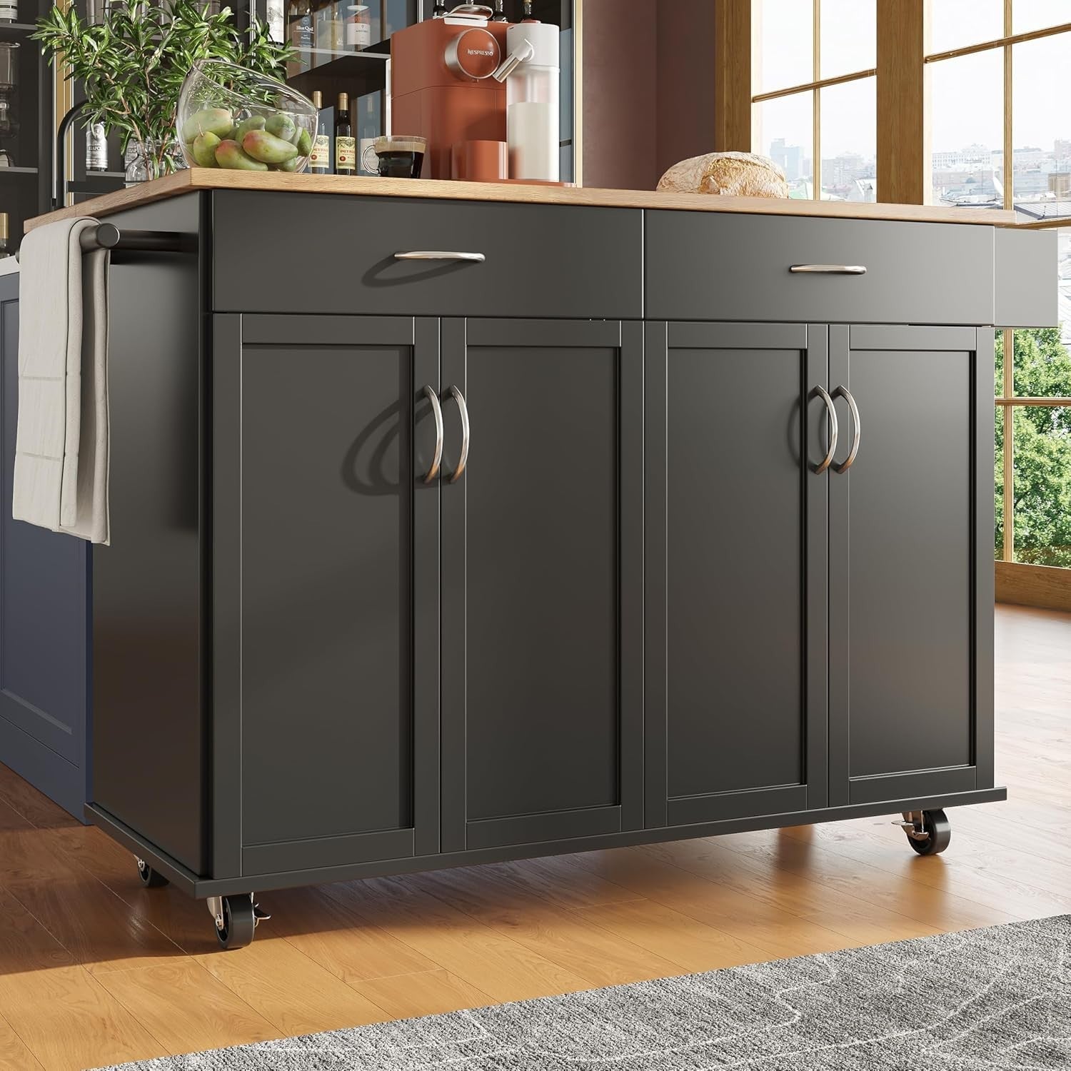 Rolling Kitchen Island Cart with Large Storage, Folding Table & Towel Rack
