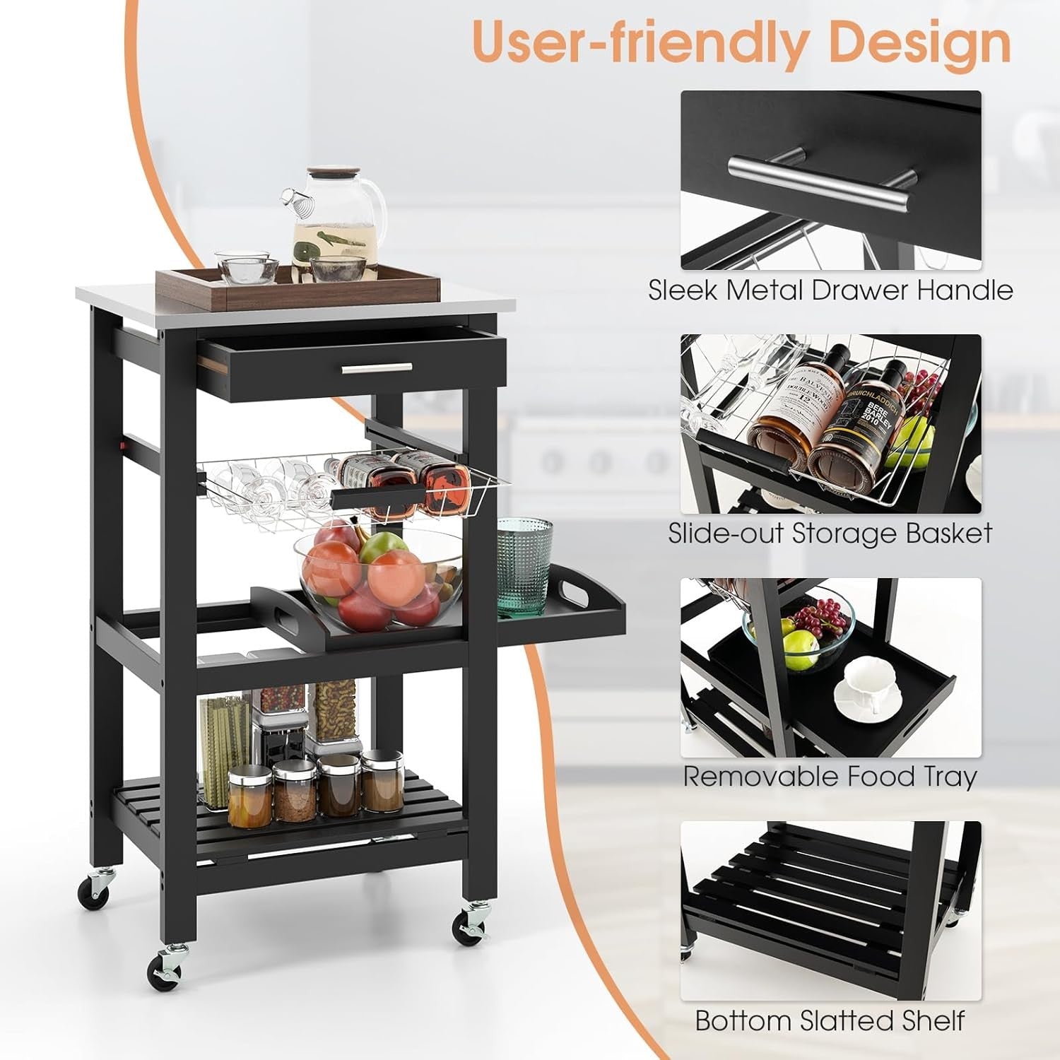Kitchen Trolley on Wheels Storage Cart Stainless Steel Top Drawer Shelf