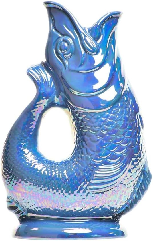 Sea Blue Lustre XL Gluggle Jug 1.4L – Iridescent Ceramic Fish Pitcher Vase Décor