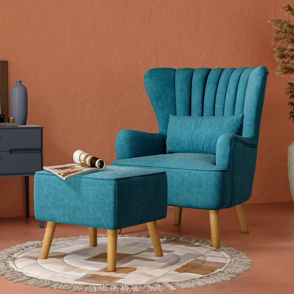 Teal Linen Wingback Tub Chair with Footstool, Wooden Legs, Lounge Sofa