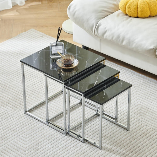 3-Tier Nesting Coffee Tables Set of 3 Black Marble End Side Accent Table Home