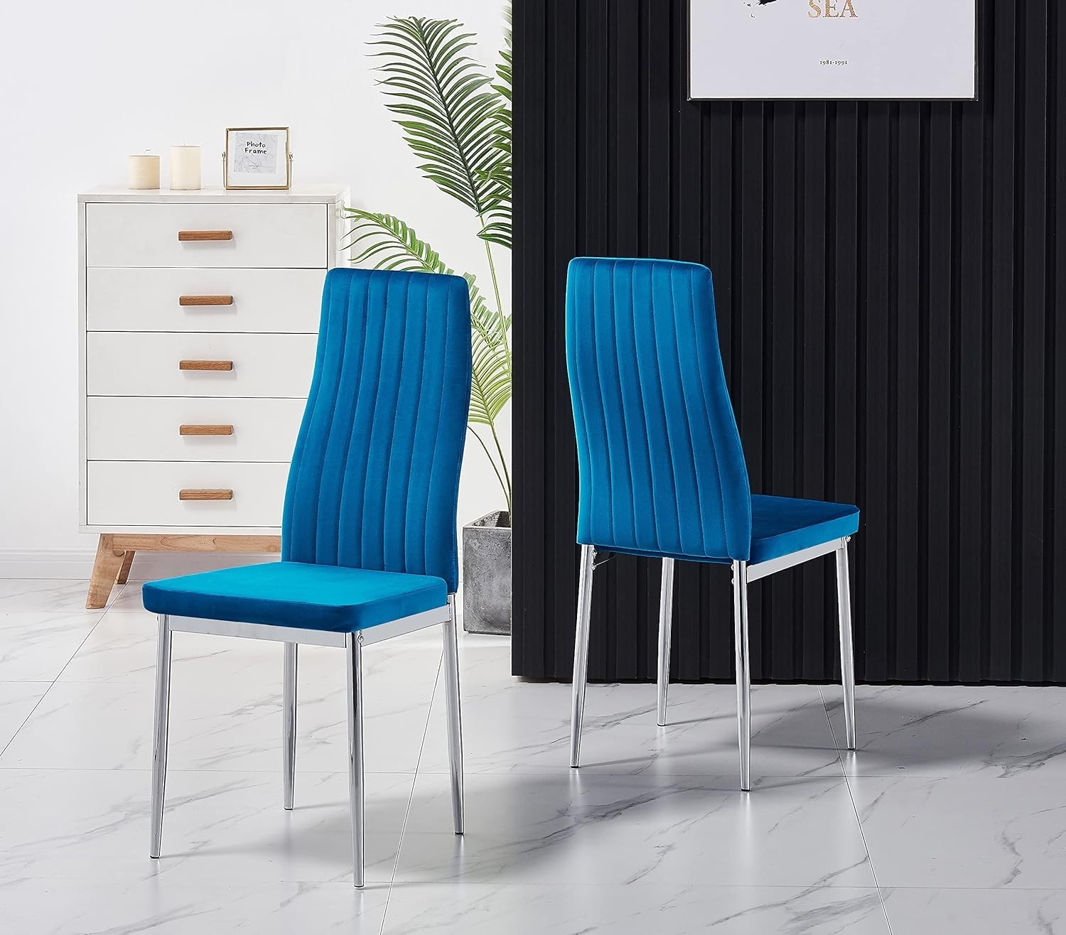 White Gloss Dining Table & 4 Blue Velvet Chairs Set Modern 4 Seater