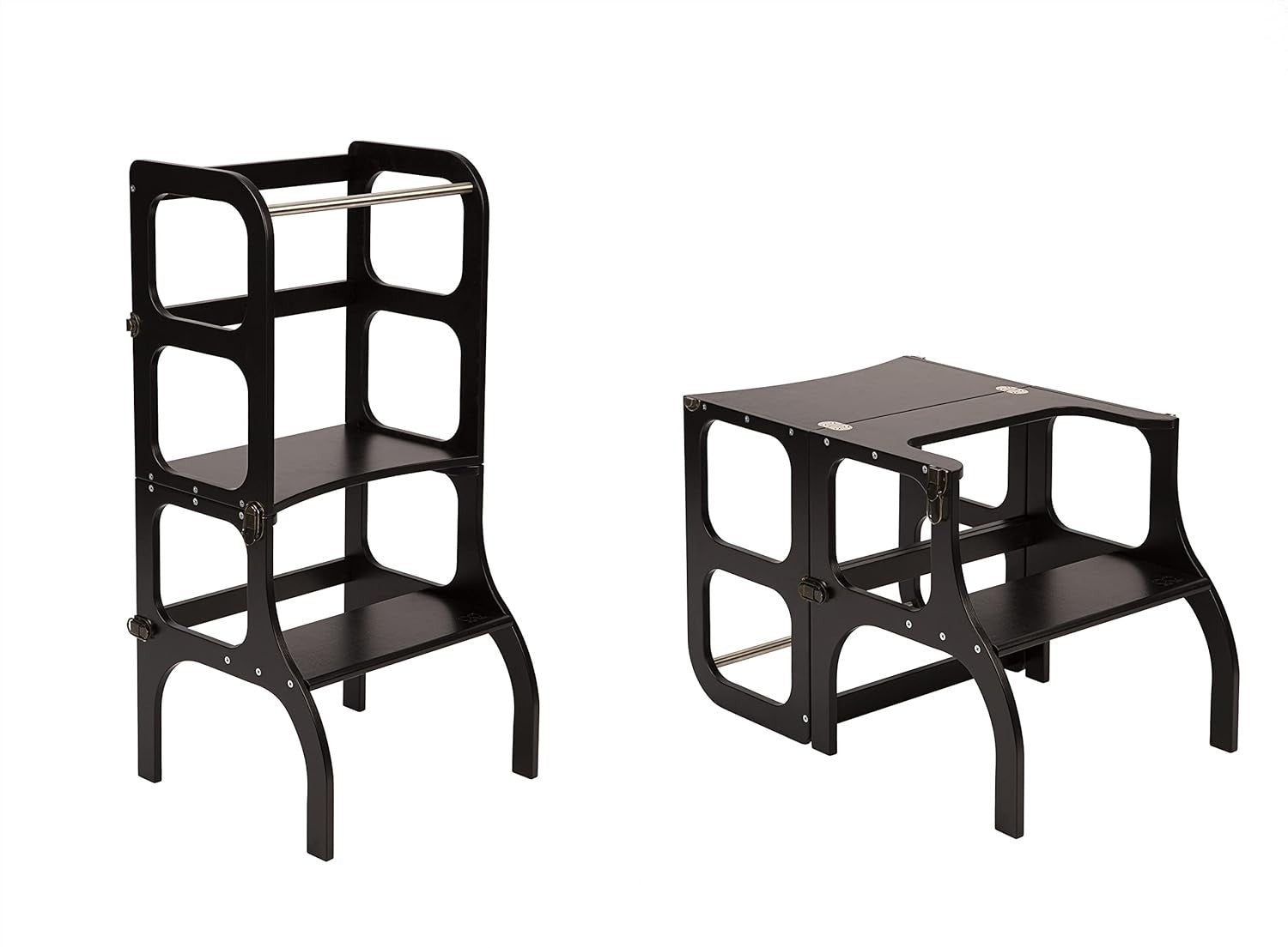 Montessori Learning Tower & Table 2-in-1 – Black Stool w/ Brass Clasps