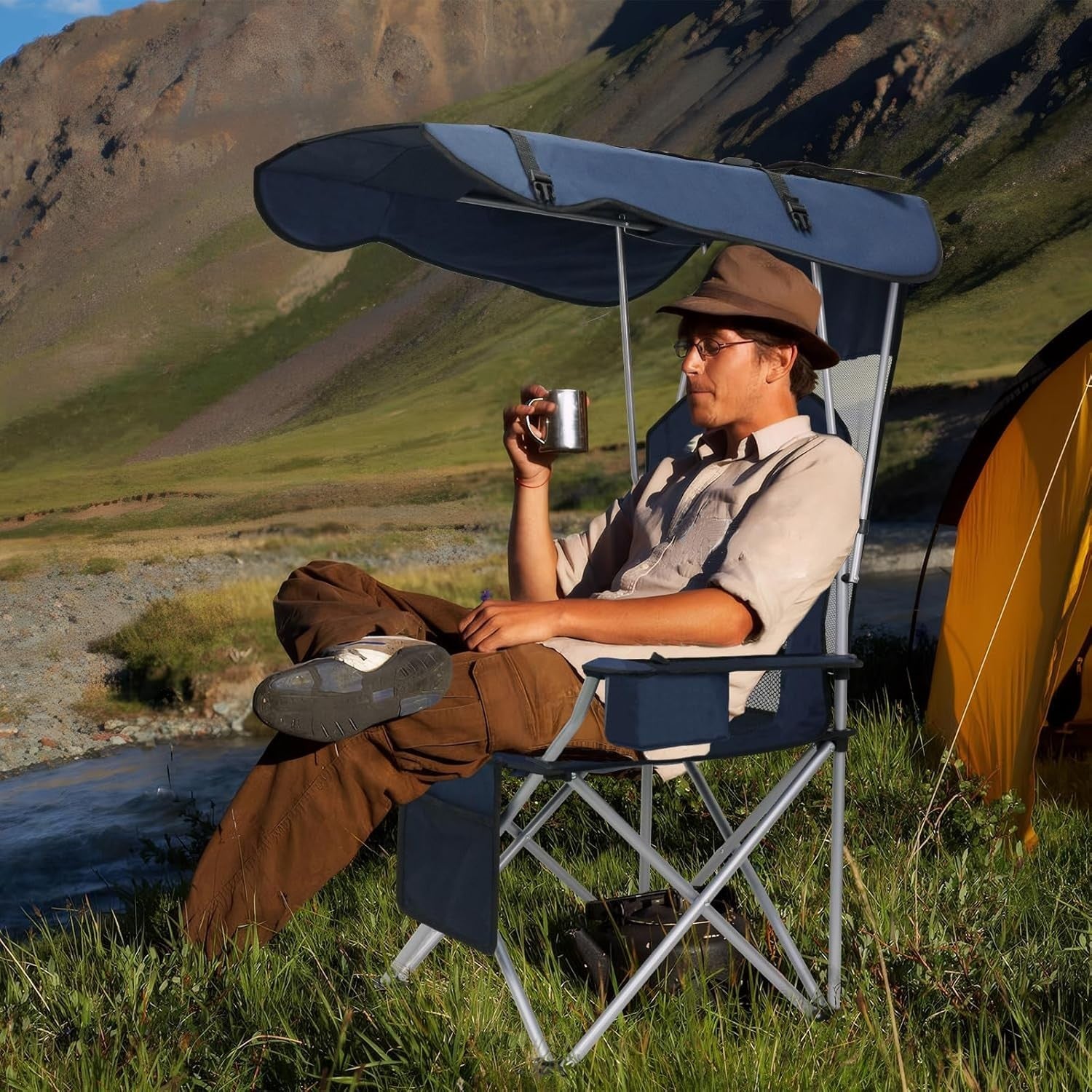 Foldable Beach Camping Chair with Canopy Shade, Cooler Bag & Cup Holders