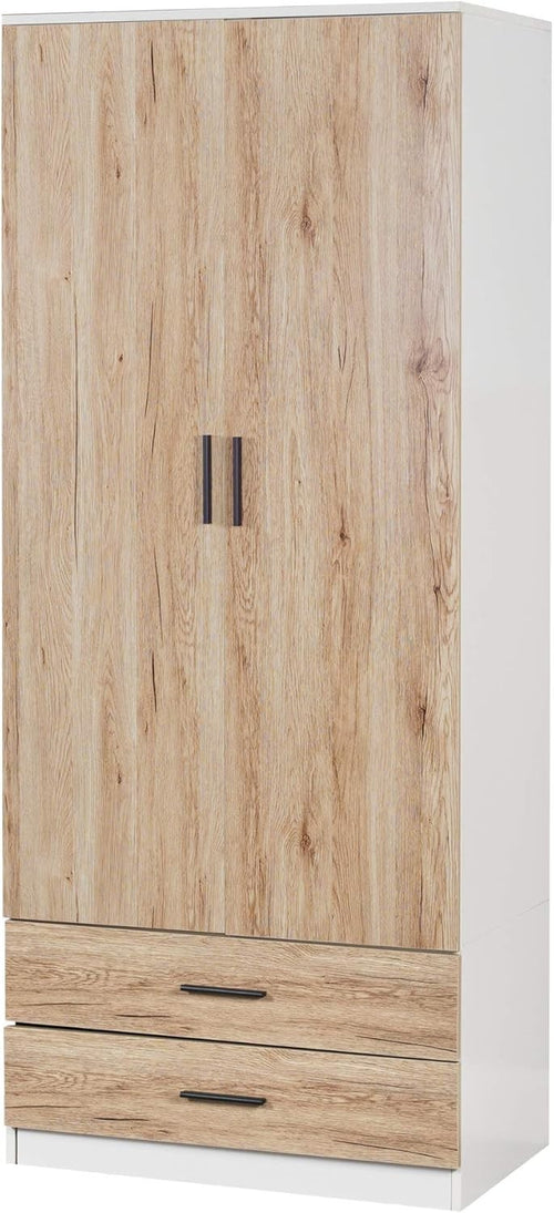 2 Door Wardrobe Oak Drawers Storage Unit With Rail for Bedroom Clothes