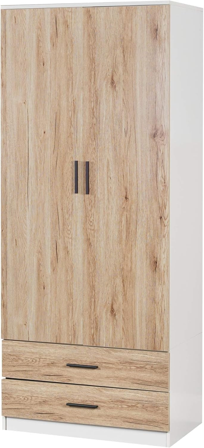 2 Door Wardrobe Oak Drawers Storage Unit With Rail for Bedroom Clothes