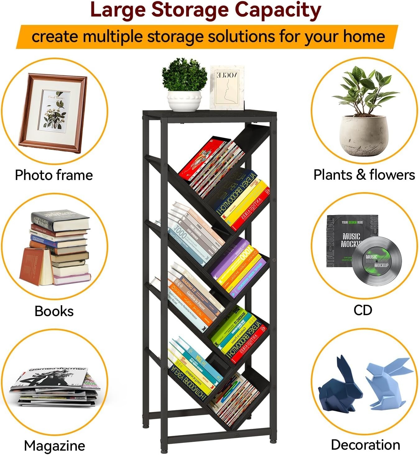 9-Tier Tree Bookshelf Black Wooden Floor Standing Corner Shelf Storage