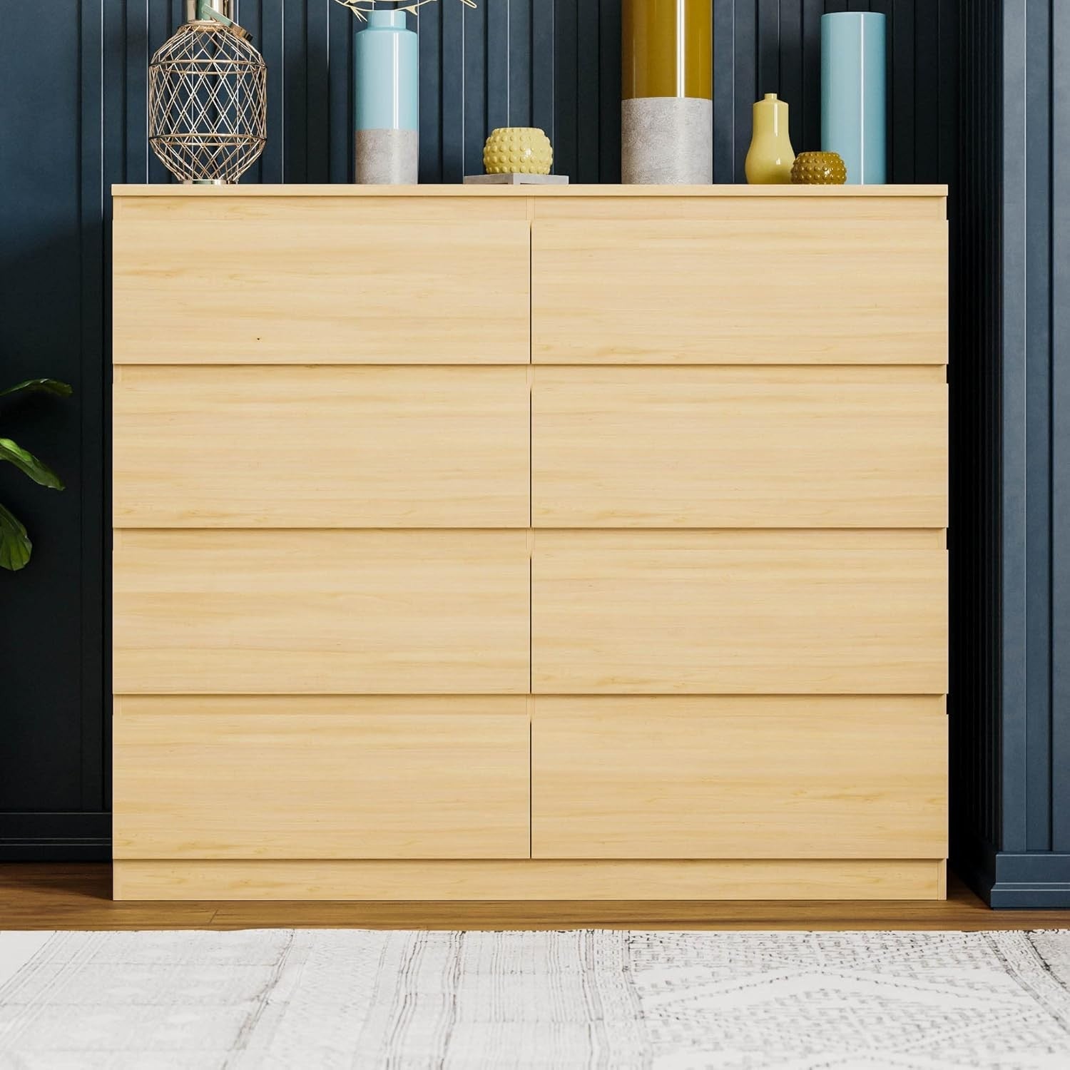 8 Drawer Chest Modern Wide Tallboy Storage Unit Pine Wood Finish