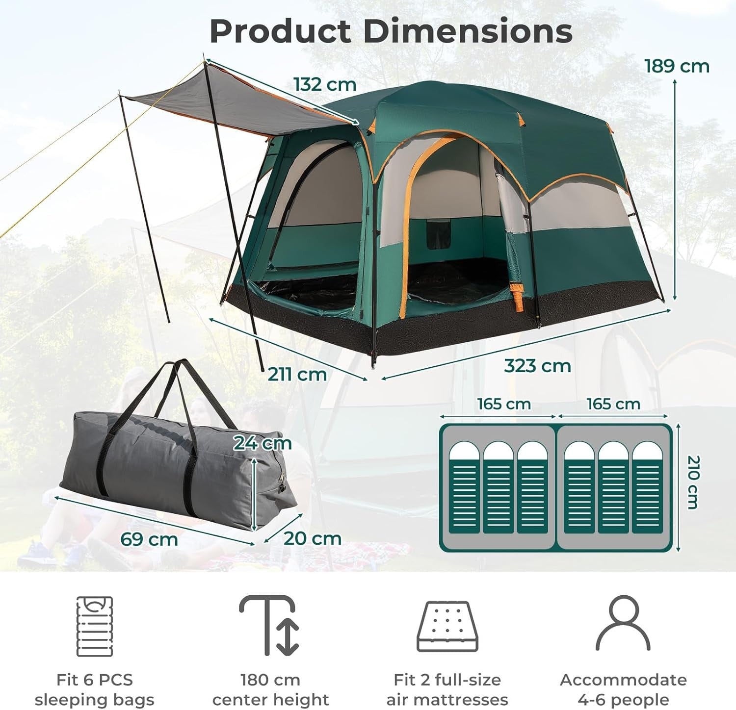 4-6 Person Family Camping Tent Waterproof 2-Room Rainfly Mesh