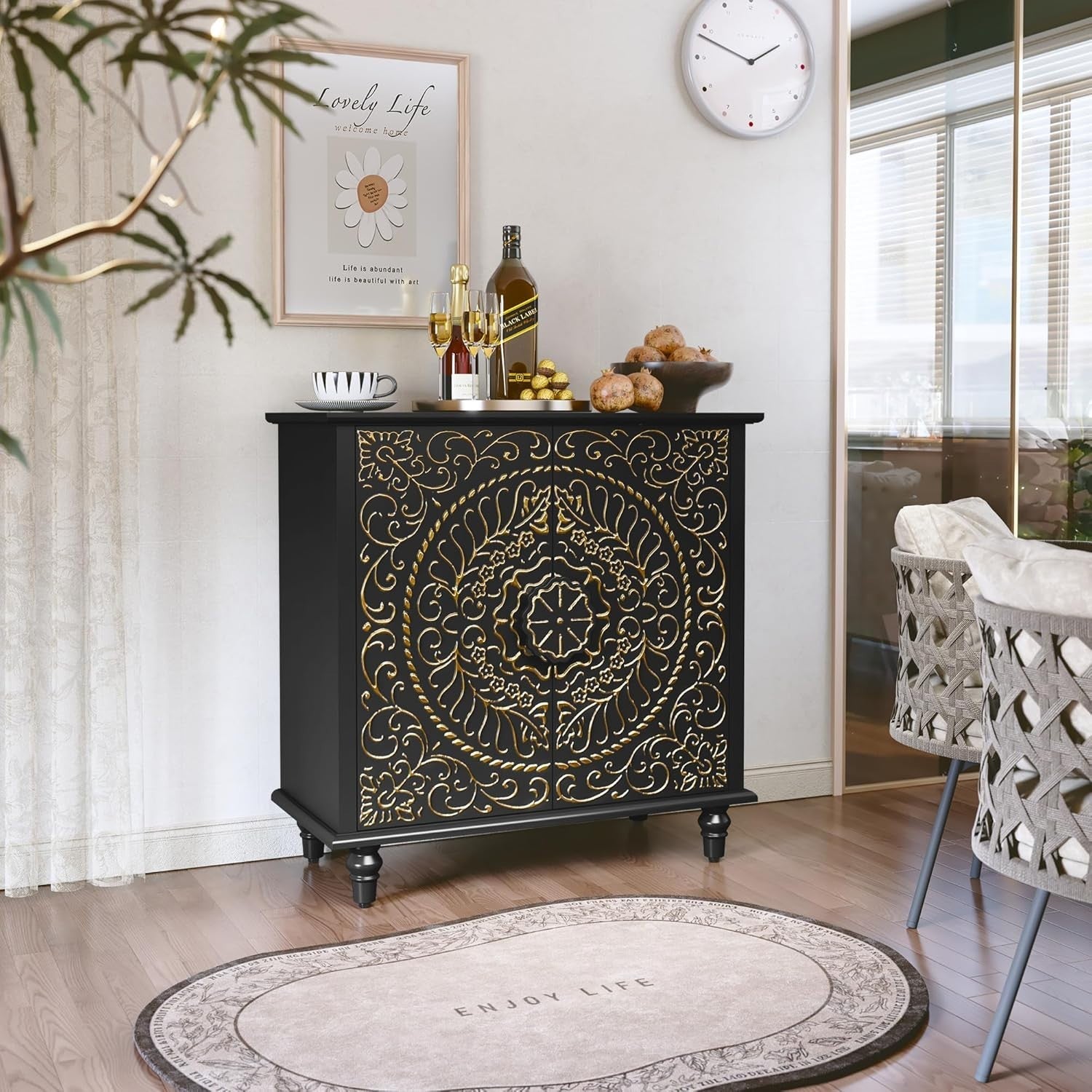 Black Carved Wood Sideboard Cabinet 2 Door Boho Vintage Storage Unit