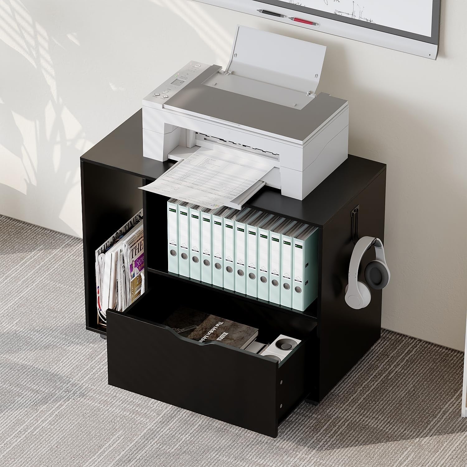 Black Mobile File Cabinet 80cm Rolling Printer Stand Storage
