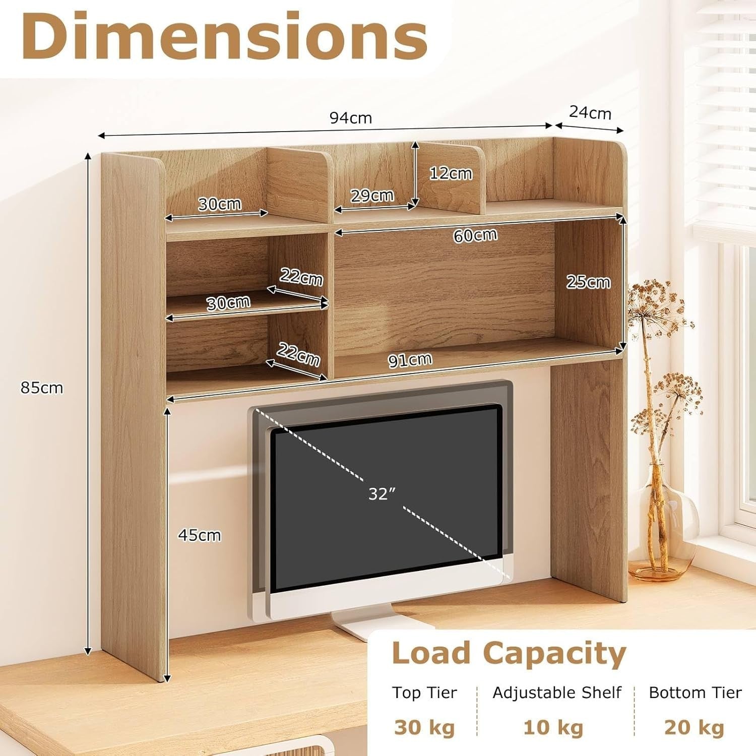 Desktop Bookshelf Hutch 6-Shelf Monitor Storage Rack Adjustable Compartments