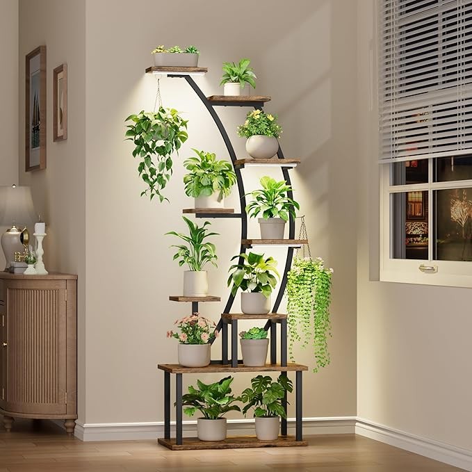 9 Tier Metal Plant Stand with Grow Lights Tall Indoor Flower Display Shelf