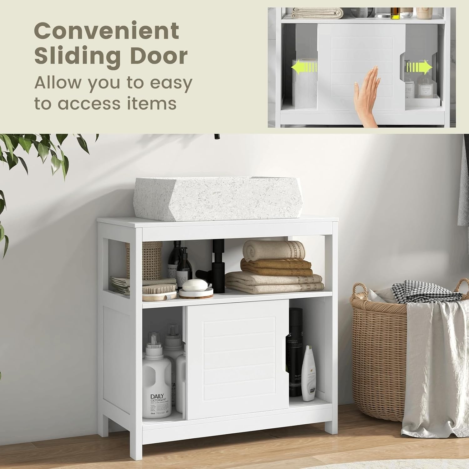 White Under Sink Bathroom Cabinet – Sliding Door Vanity Storage Unit 60x60cm