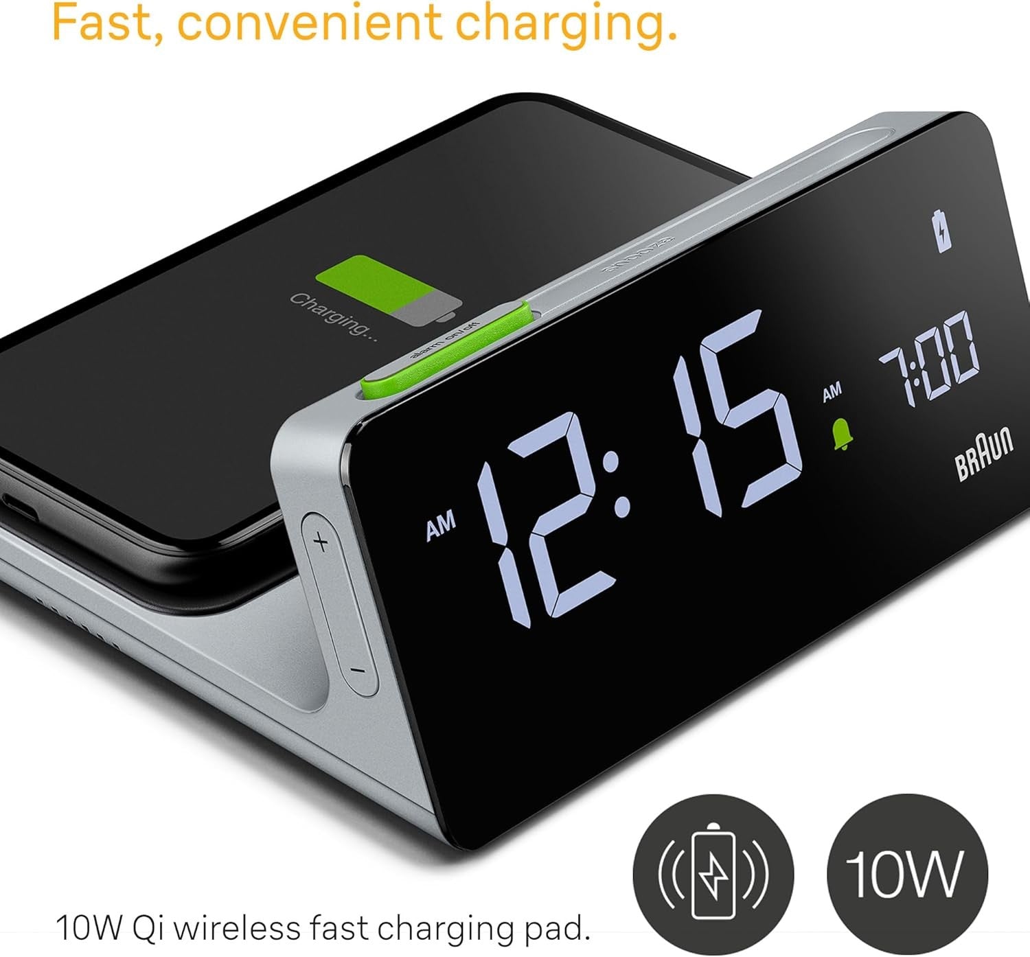 Wireless Charging Digital Alarm Clock LCD Auto Dimming Fast Charge