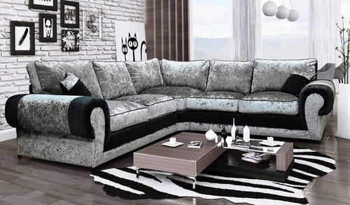 Modern Black Silver Crushed Velvet 5 Seater L-Shape Corner Sofa with Cushions