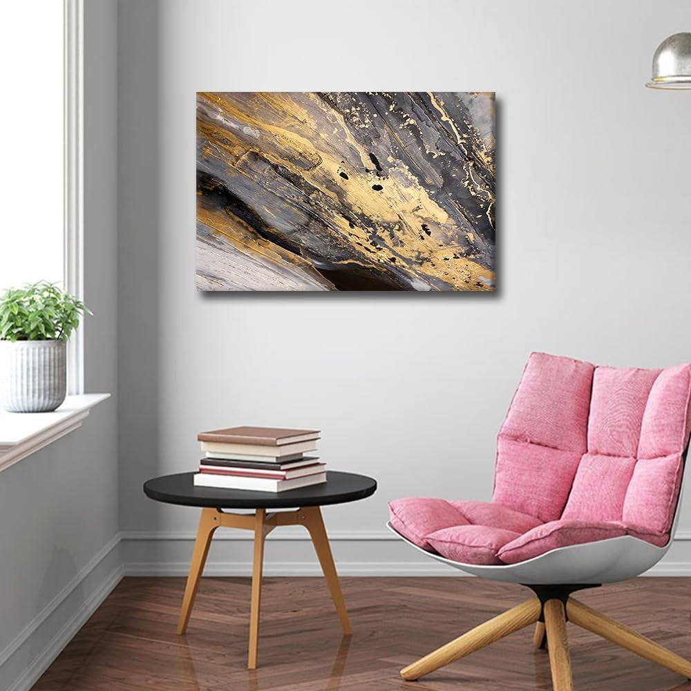 Gold Grey Abstract Canvas Wall Art 60x40cm Framed
