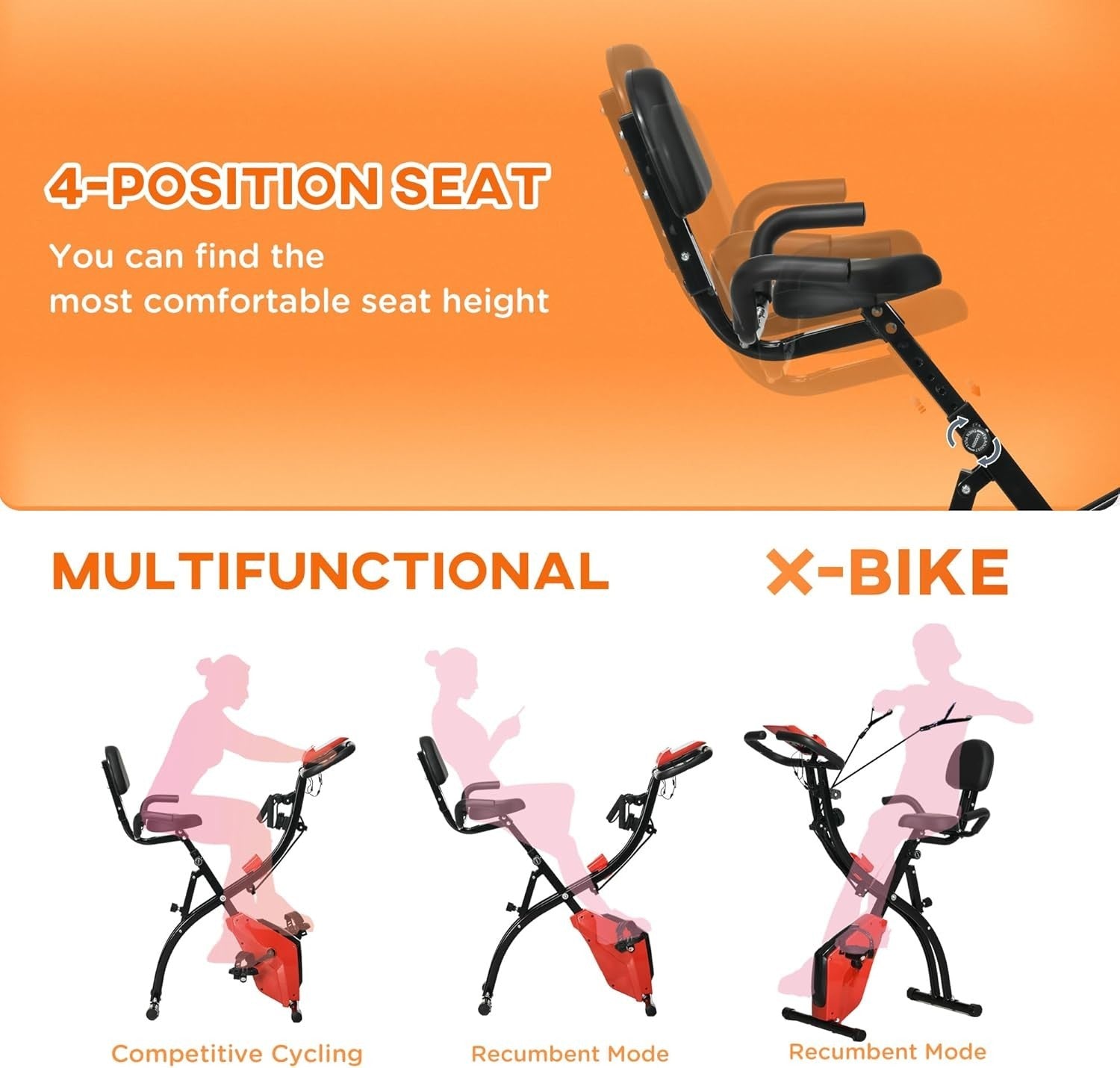 Wine Red 3-in-1 Folding Exercise Bike Magnetic Resistance LCD Pulse Bands