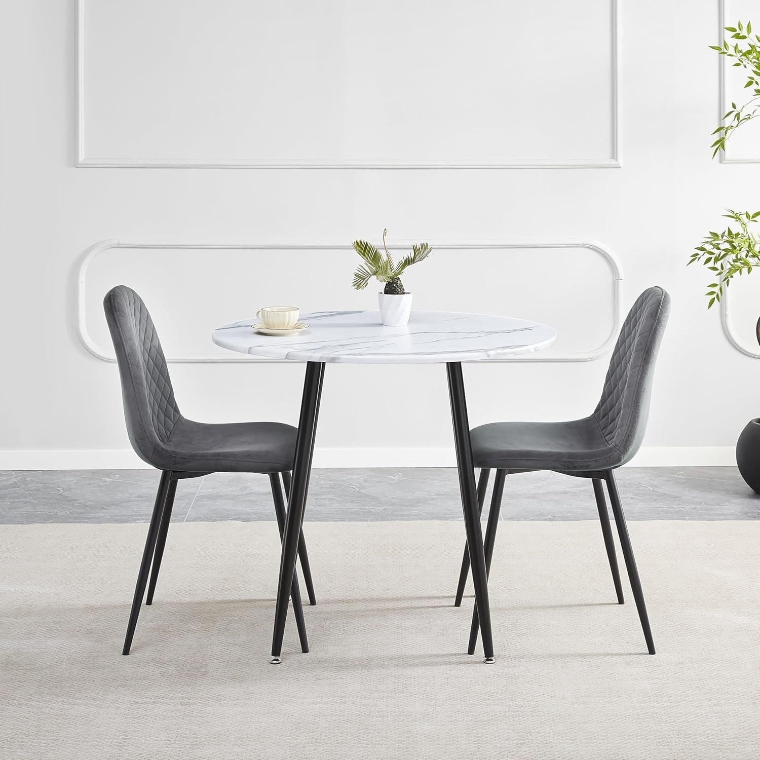 Grey Velvet Dining Chairs Round Marble Table Set 90cm 3pc Modern Kitchen