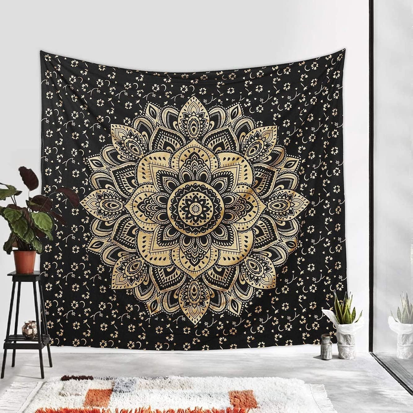 Black Gold Mandala Tapestry 52x60in Boho Wall Hanging Cotton