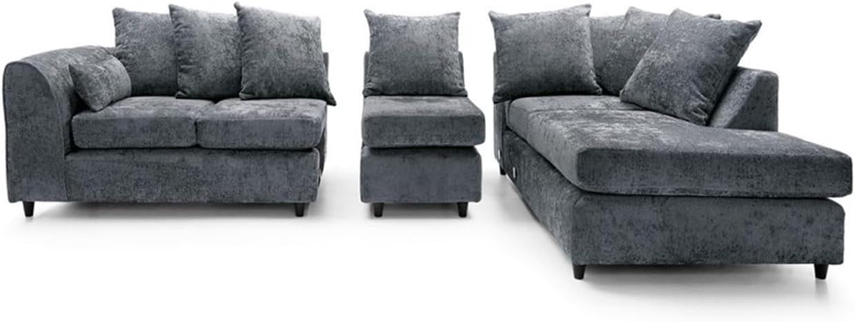 Charcoal Grey RH Corner Sofa – 5 Seater L Shape Chenille Couch with Footstool