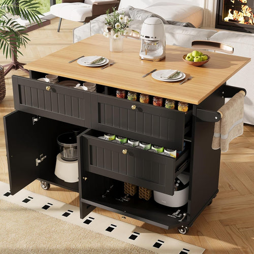 Mobile Kitchen Island with Foldable Worktop, Storage Drawers & Cabinet Black