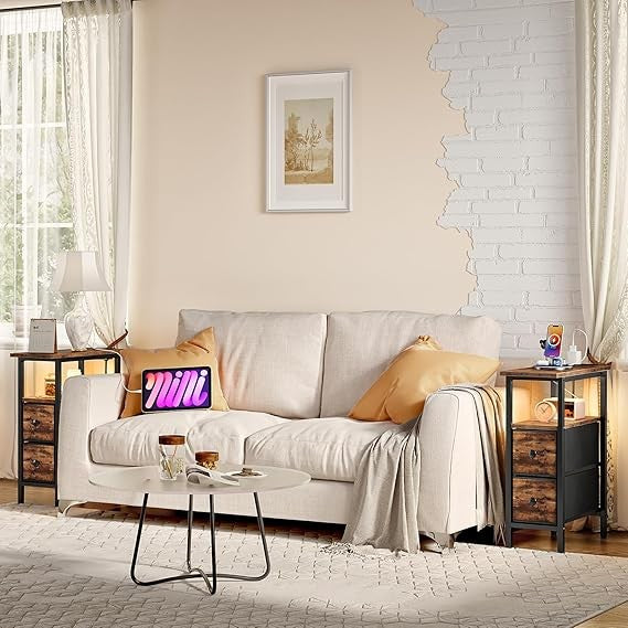Slim Bedside Table with LED Light & Charging Ports, Narrow Nightstand Drawers