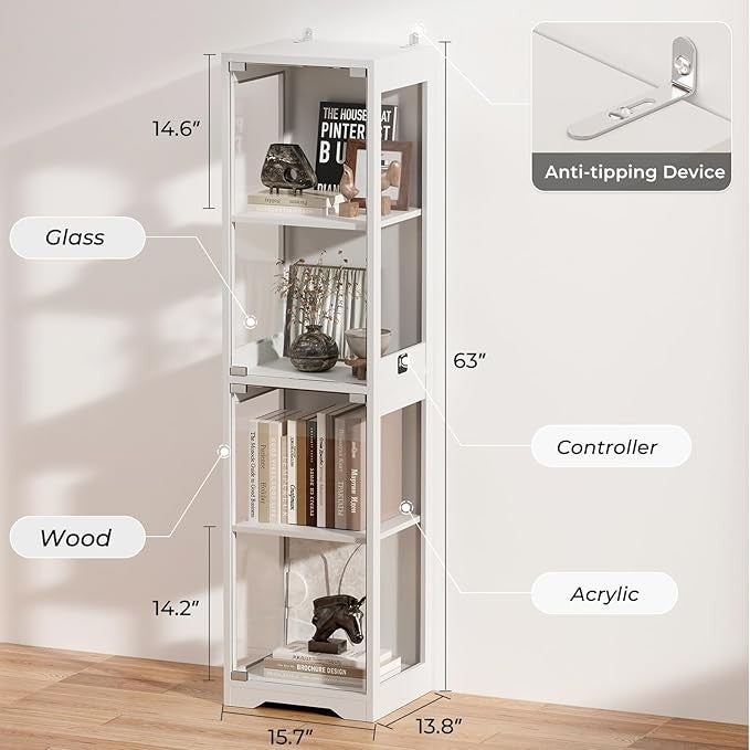 Tall LED Display Cabinet with Glass Doors, 63" Shelf Unit, 3-Color Lights, Senso