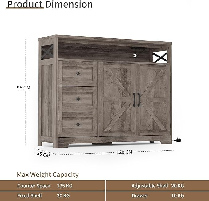 Wooden Sideboard Cabinet with Power Outlets 3 Drawer Storage Unit Grey