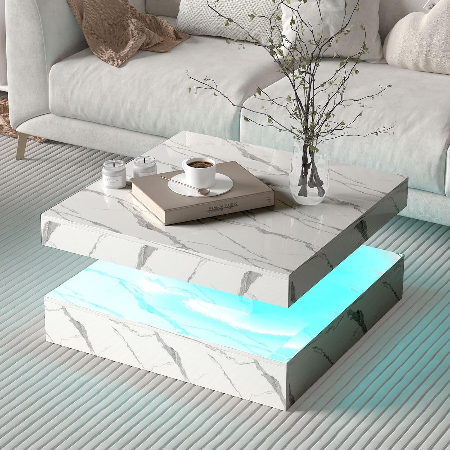 White Marble LED Coffee Table with Storage, 2-Tier Square 78x78cm