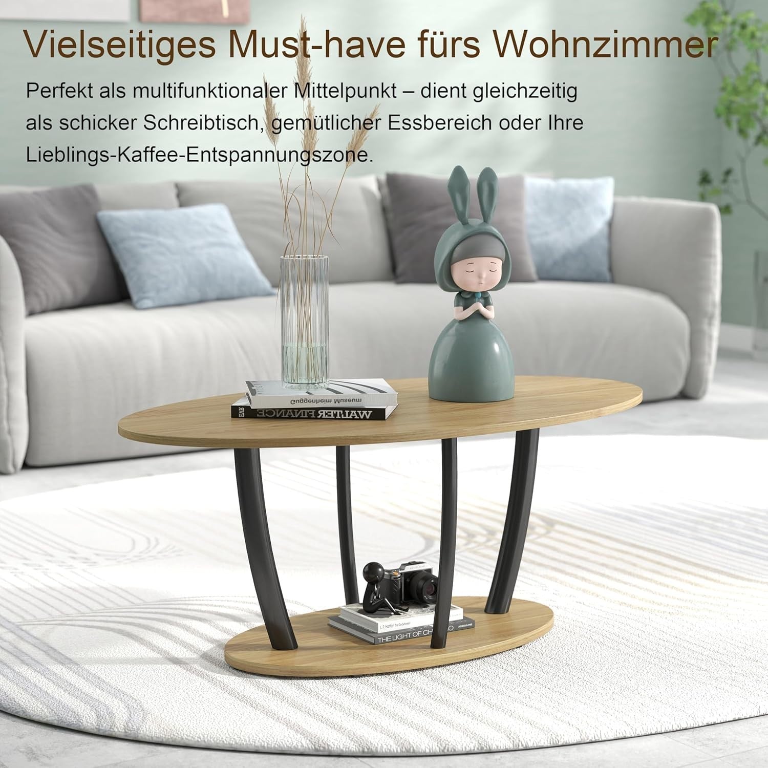 Modern Oak Oval Coffee Table with Storage Shelf – Small Space Mid-Century