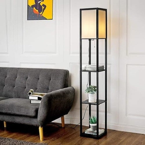 Floor Lamp with Shelves Storage Standing Light Glossy Shade Reading Lamp