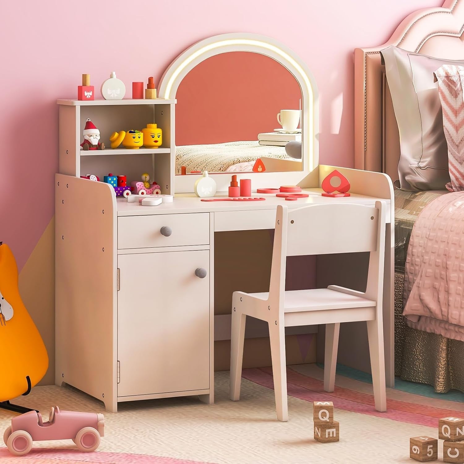 Kids Vanity Table & Stool Set with LED Mirror, Drawer, Shelves & Cabinet