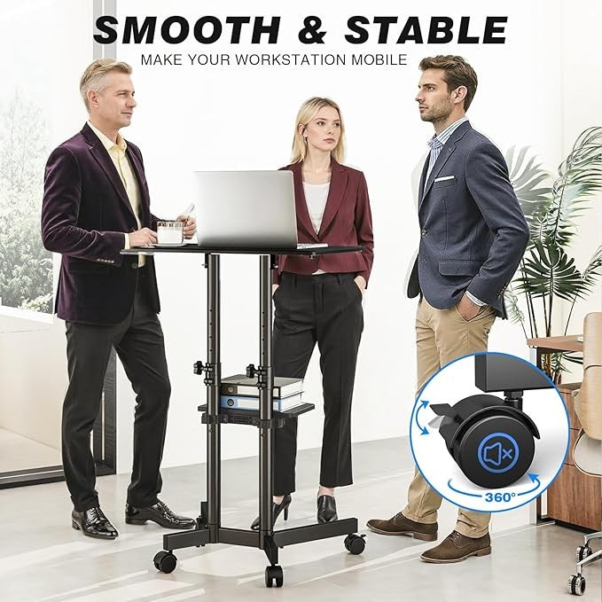 Standing Desk Laptop Table Adjustable Height with Wheels 60x40cm Tilt Top