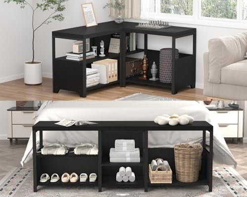Black Entryway Storage Bench 145cm Shoe Rack Hallway Living Room Seat