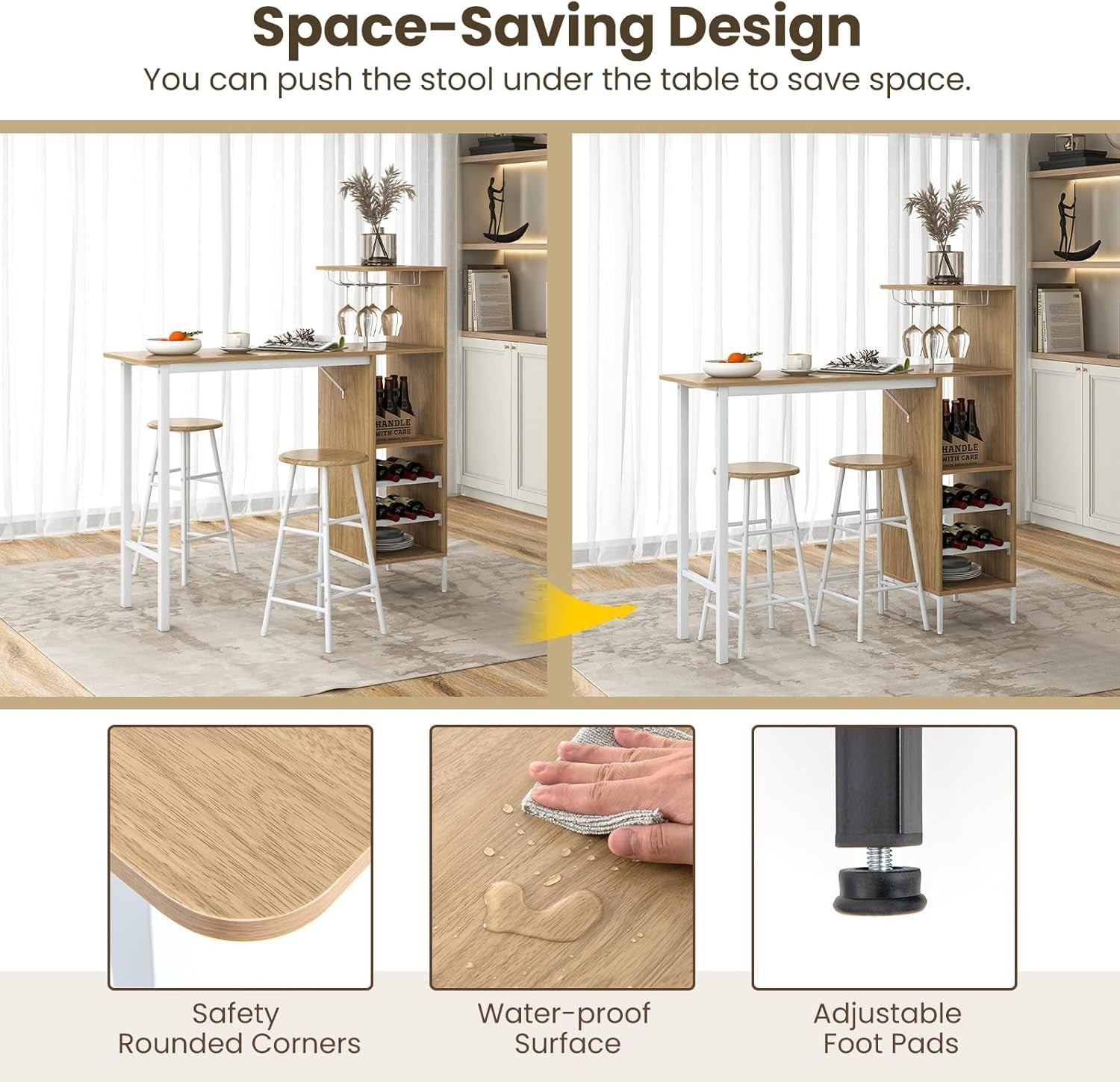 3 Piece Bar Table Set with Wine Racks & Stools, Natural Wood Steel Frame Sets