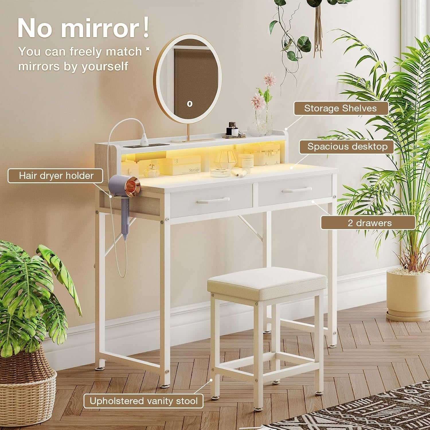 Vanity Dressing Table Desk w/ LED Lights Power Outlet Storage & Stool White