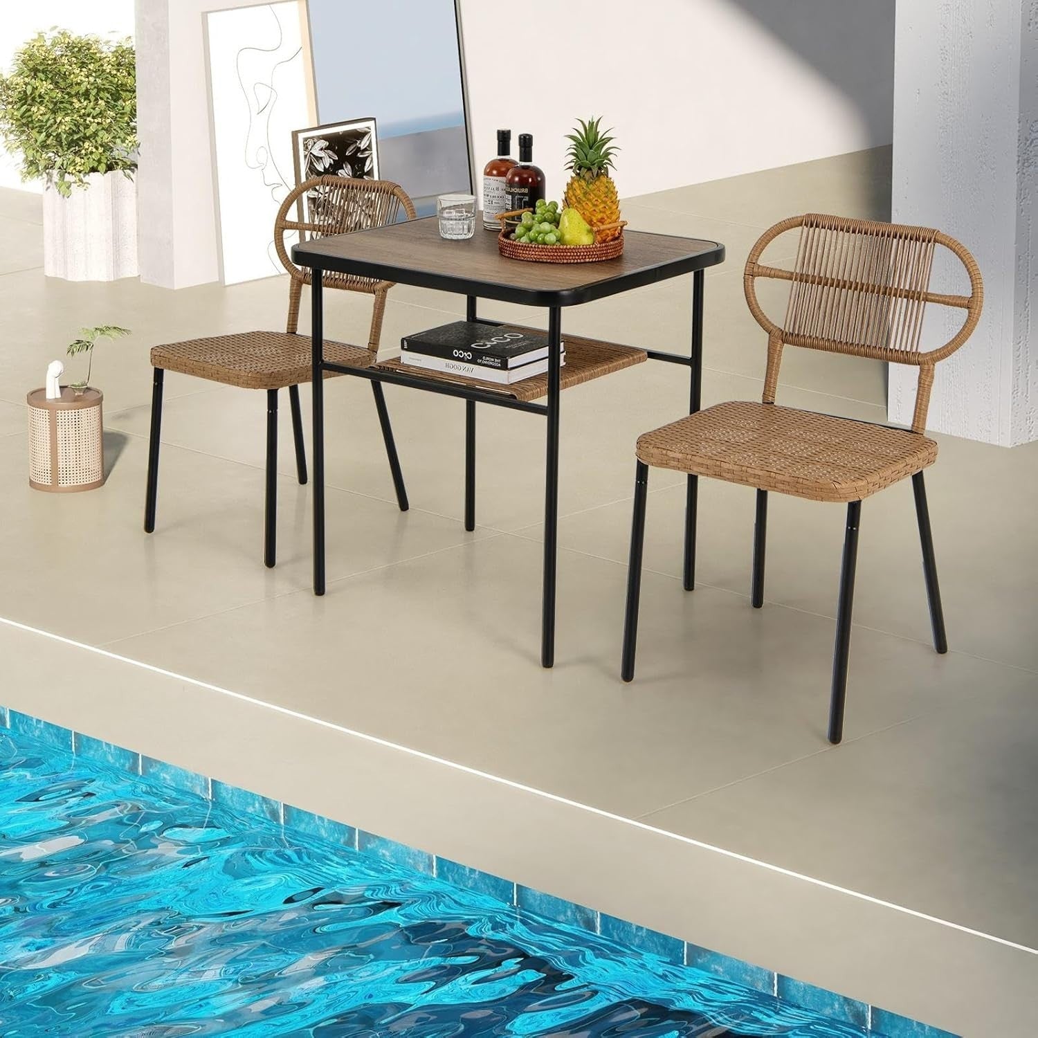 3 Piece Rattan Bistro Set Outdoor Table 2 Stackable Chairs Storage Shelf