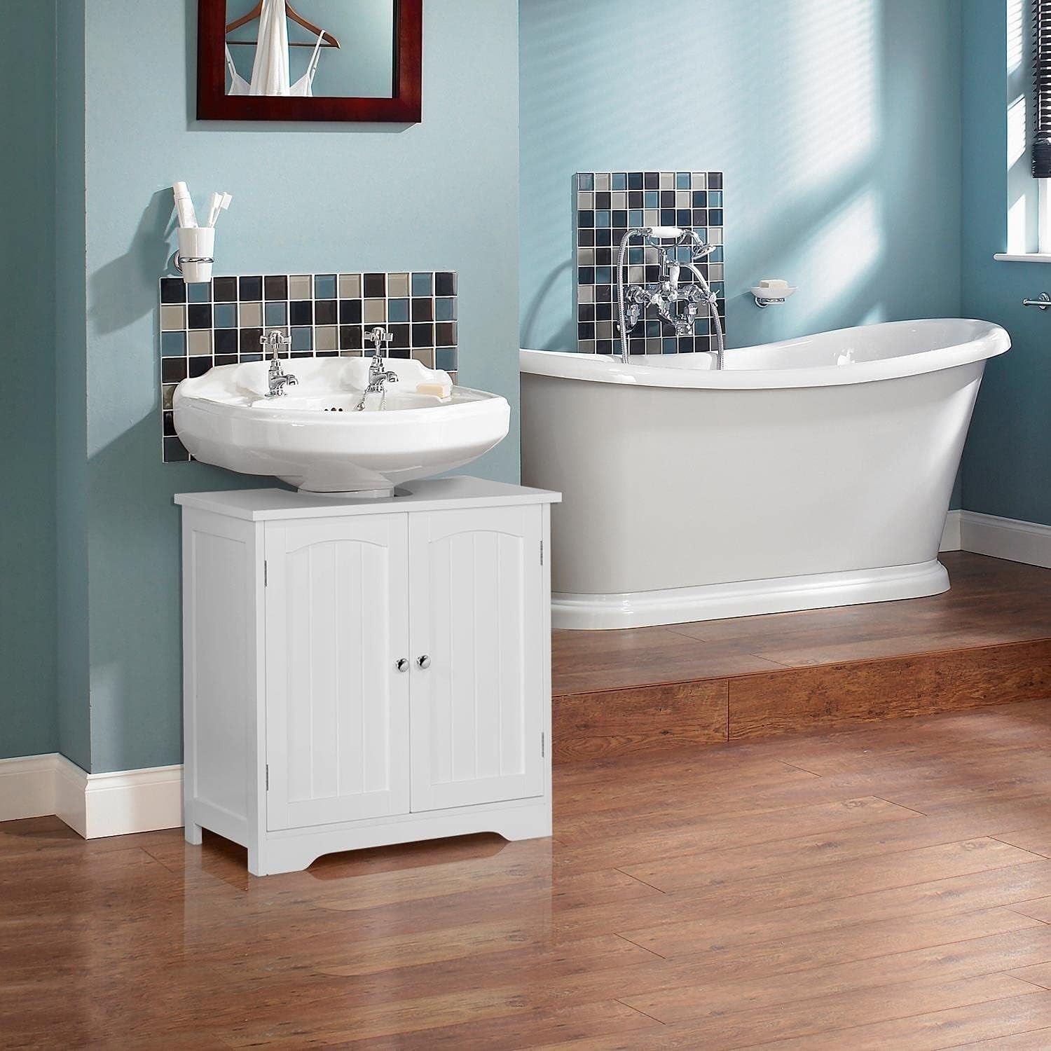 White Under Sink Bathroom Cabinet 60x30x60cm Wooden Storage Cupboard Unit