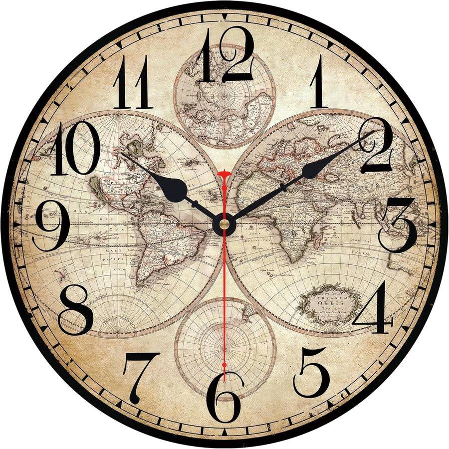 14" Vintage World Map Wall Clock Silent Non-Ticking Rustic Wooden Home Decor