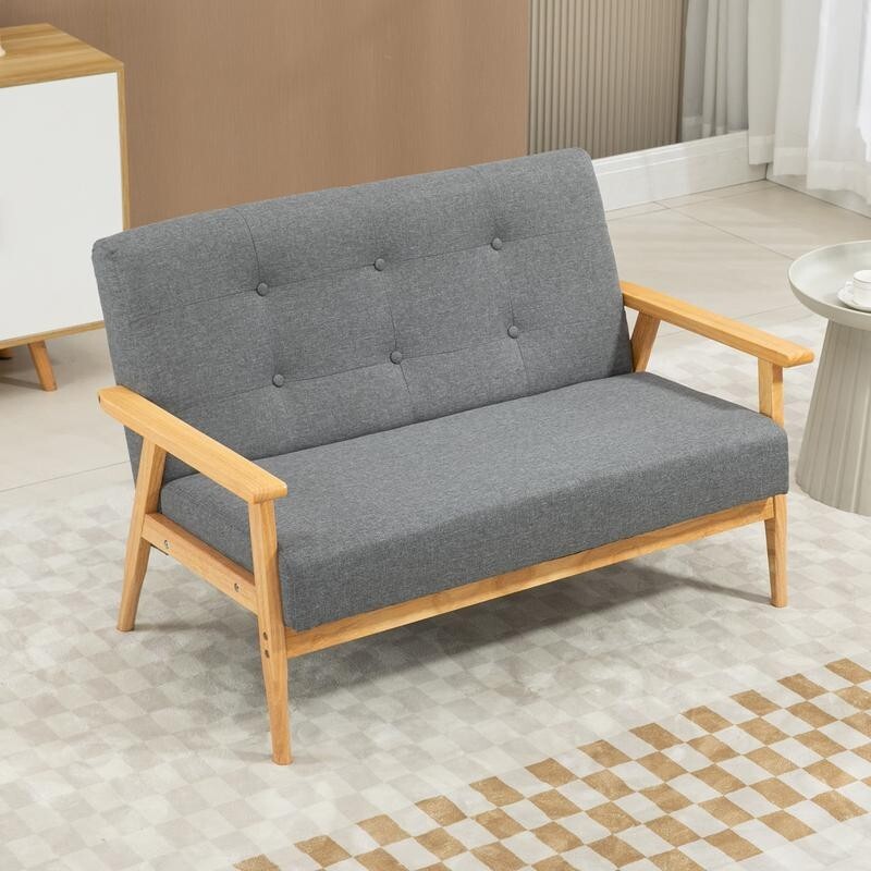 2 Seater Sofa Linen Fabric Couch Wooden Frame Tufted Armchair Dark Grey