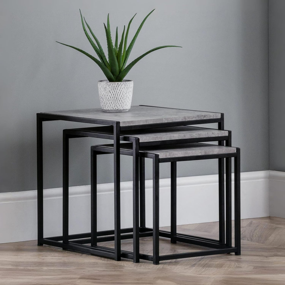 3 Piece Nesting Coffee Side Tables Set Modern Concrete Effect Square Industrial
