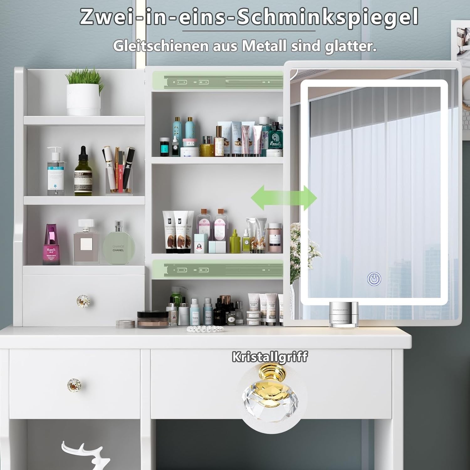 Dressing Table w/Sliding Mirror LED Lights 3 Drawers Makeup Vanity Desk White