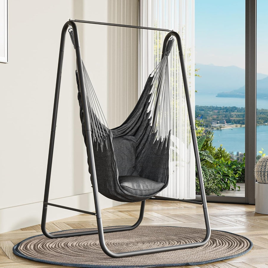 Hammock Swing Chair with Stand, Outdoor Patio Seat, Cushioned Comfort, 85x92x153