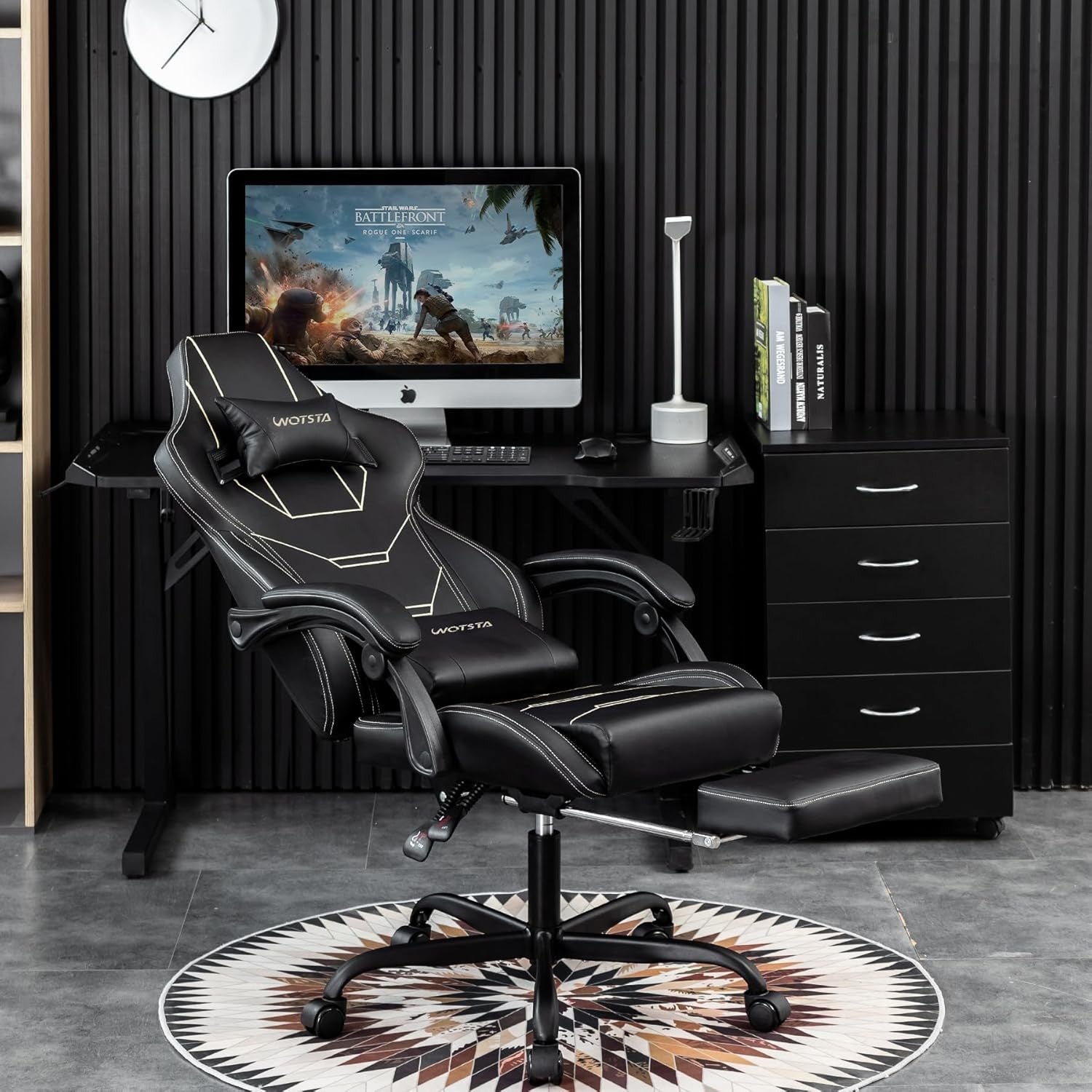 Black Ergonomic Gaming Chair Adjustable Recliner Headrest Footrest 330lbs Suppor