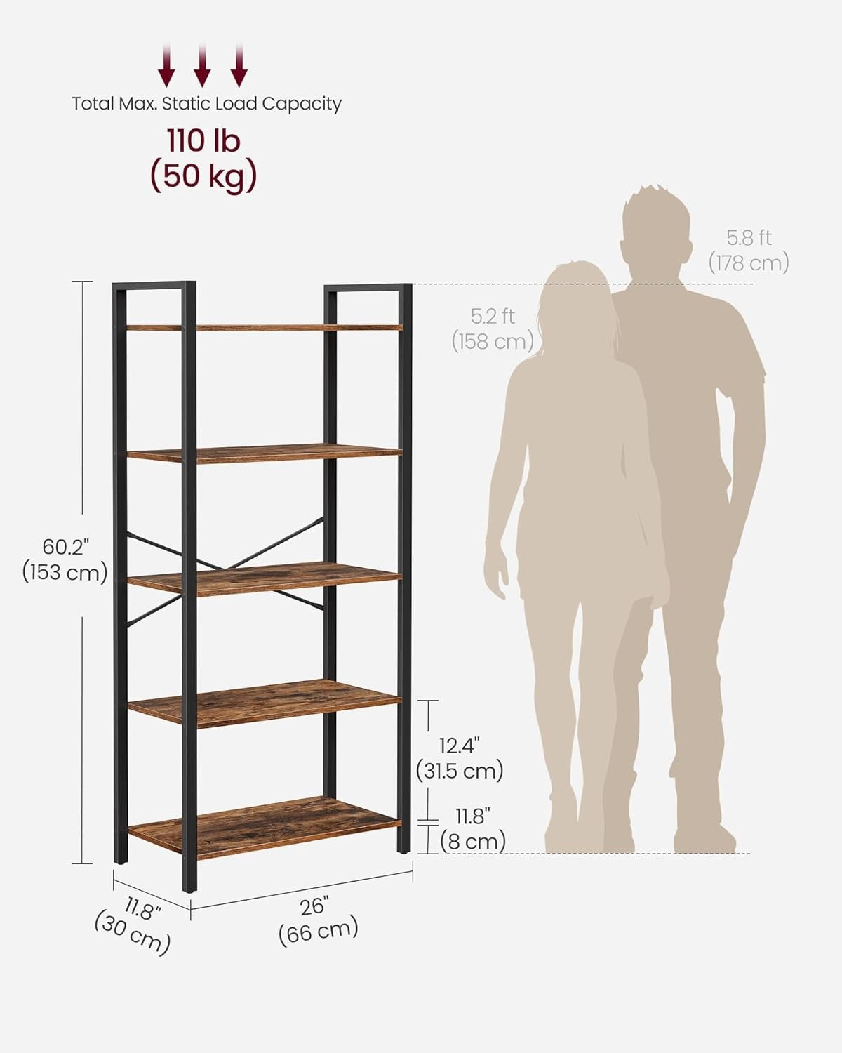 5-Tier Rustic Brown Industrial Bookcase – Tall Narrow Storage Shelf Unit